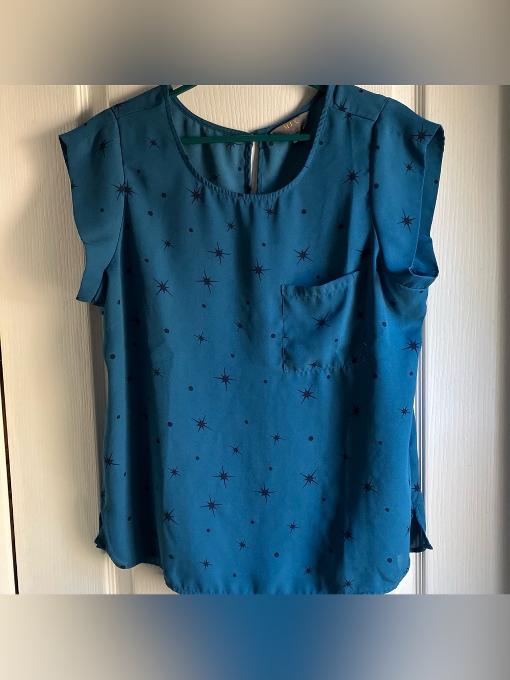 MIX by 41 Hawthorn blue star print cap sleeve blouse L
